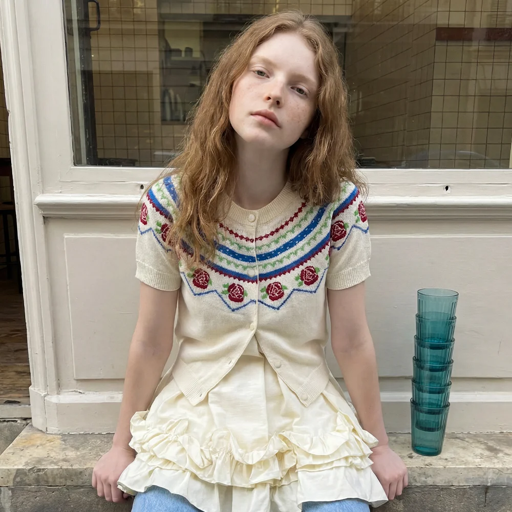 Rose Jacquard Short-Sleeve Cardigan (Ivory)