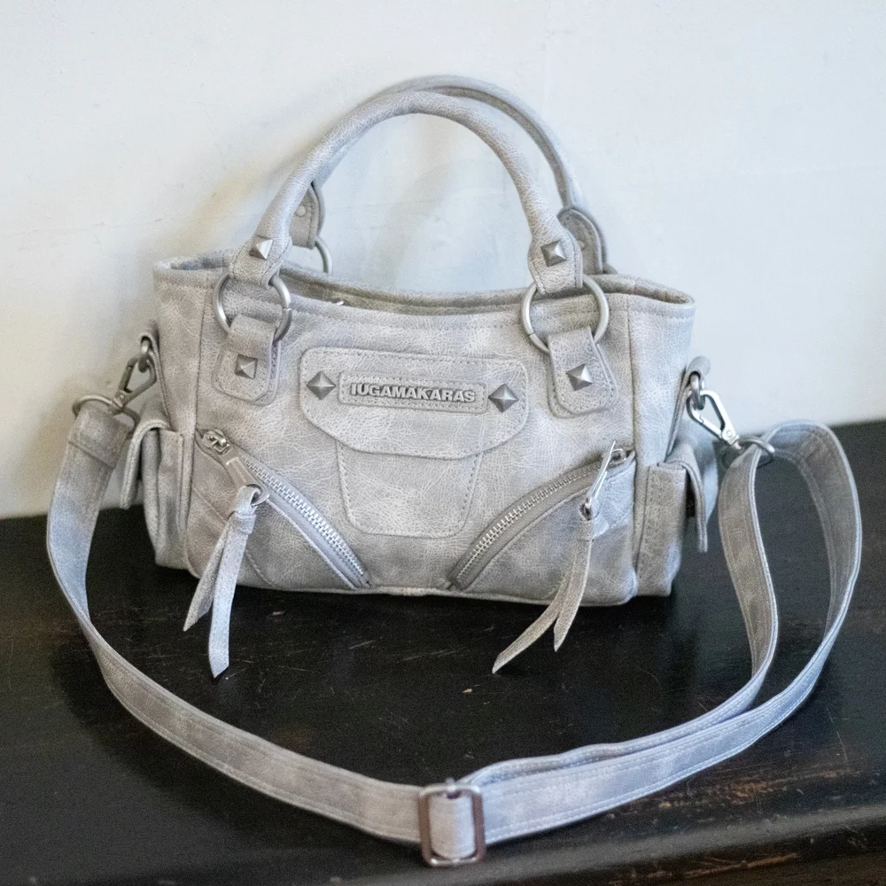 Studded Leather Micro Shoulder Bag (Gray)
