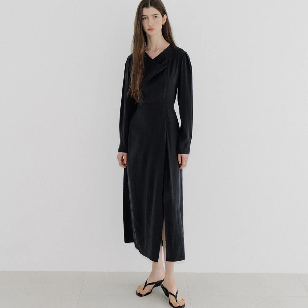 cowl-neck slit dress (navy) orc 6119