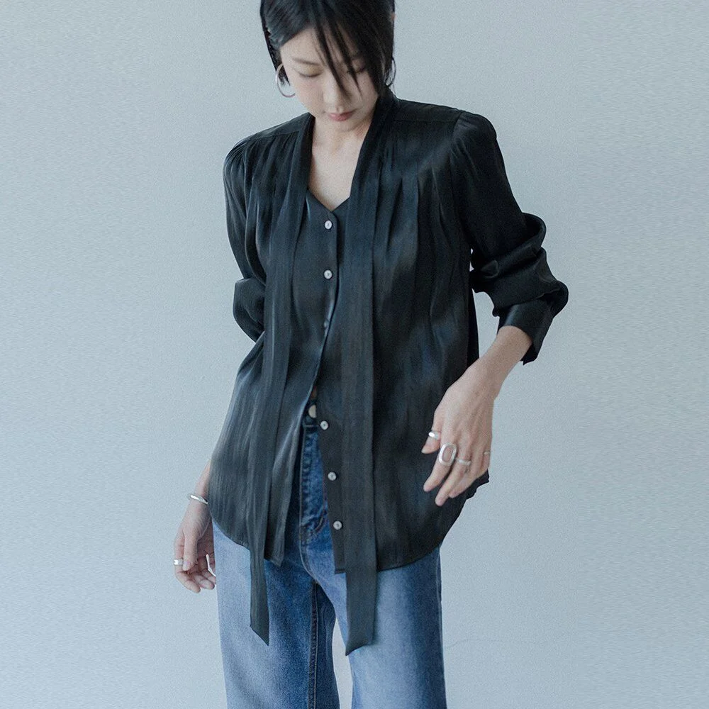 Sand Glossy 綁帶 雪紡衫(黑色)