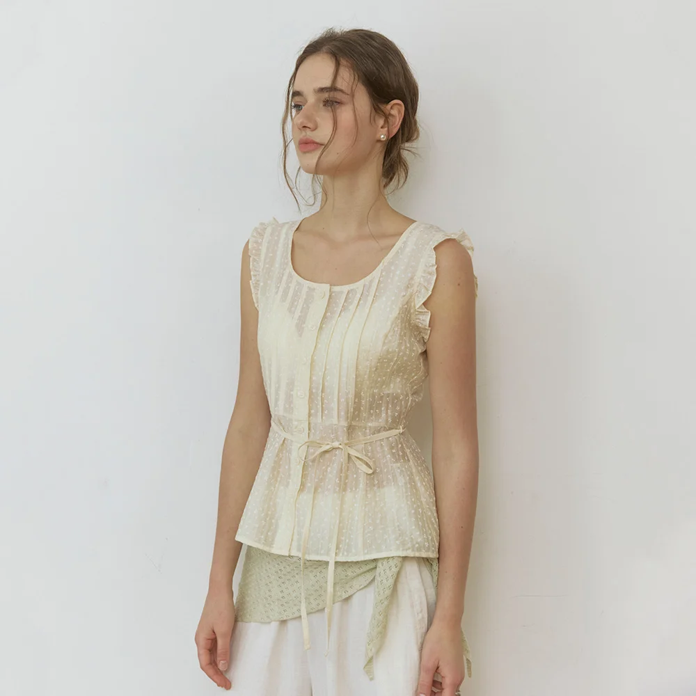 Frill mini flower see through blouse - cream