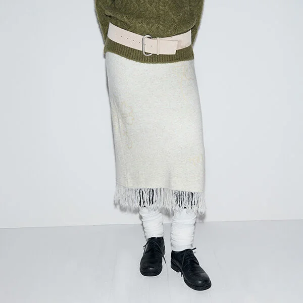 FRINGE LONG KNIT SKIRT IVORY