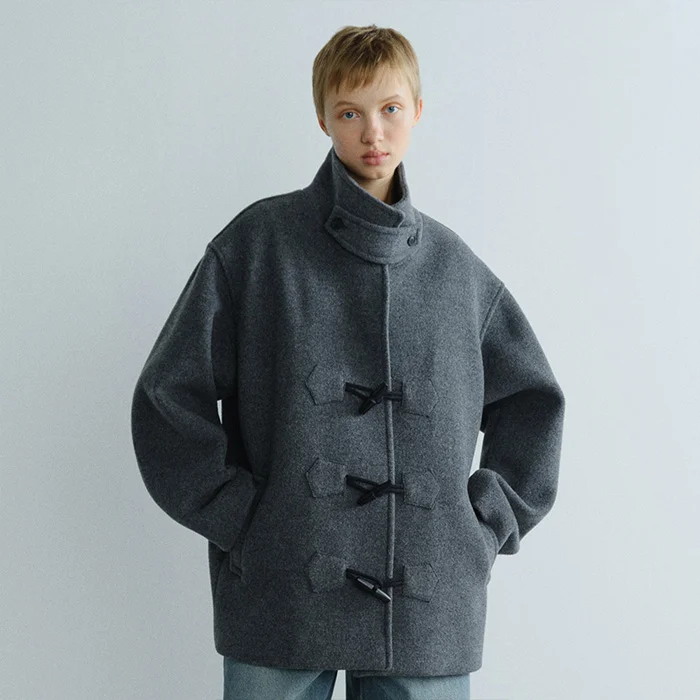 HIGH NECK WOOL DUFFLE COAT - DARK GREY