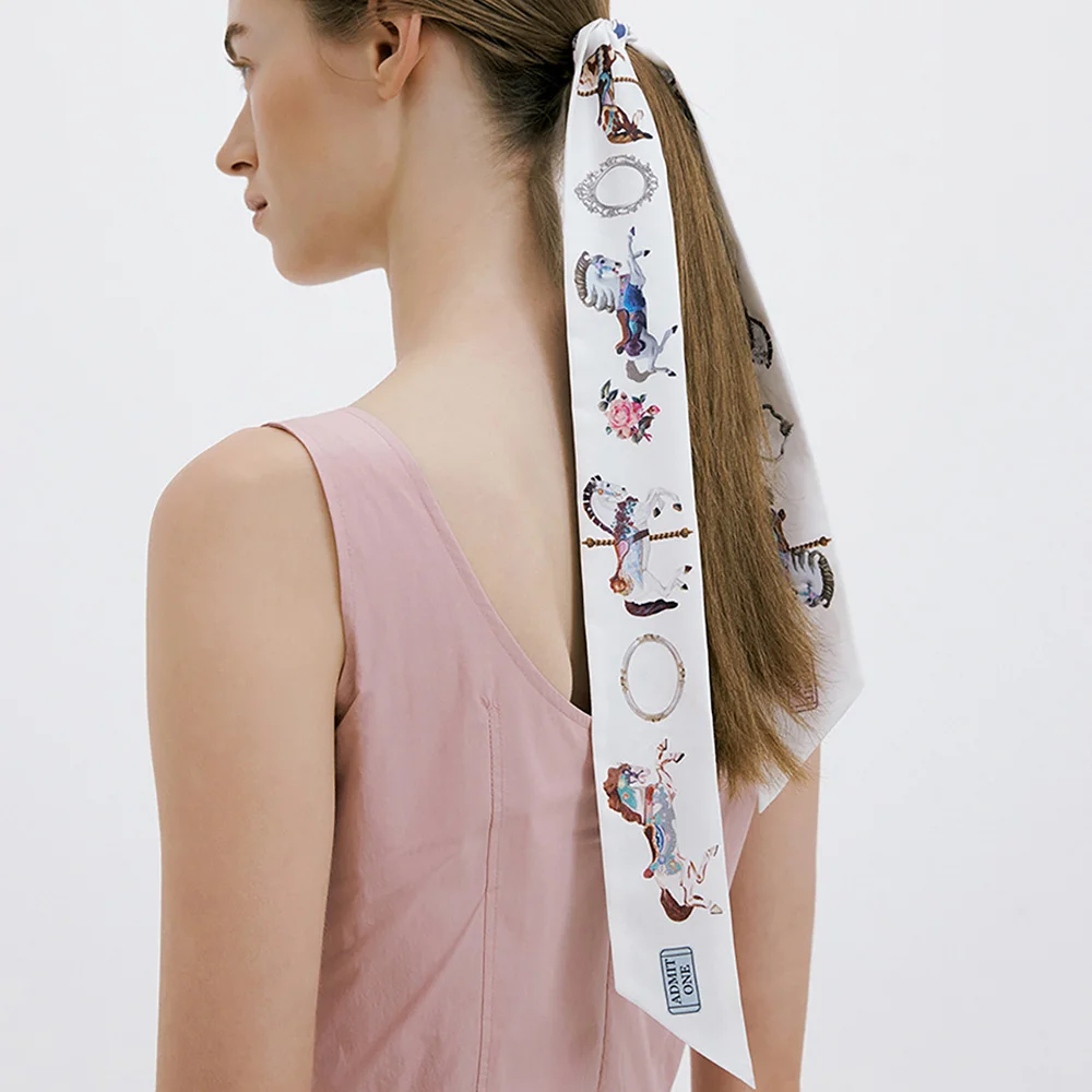Merry-go-round-Cream Long Twilly Silk Scarf