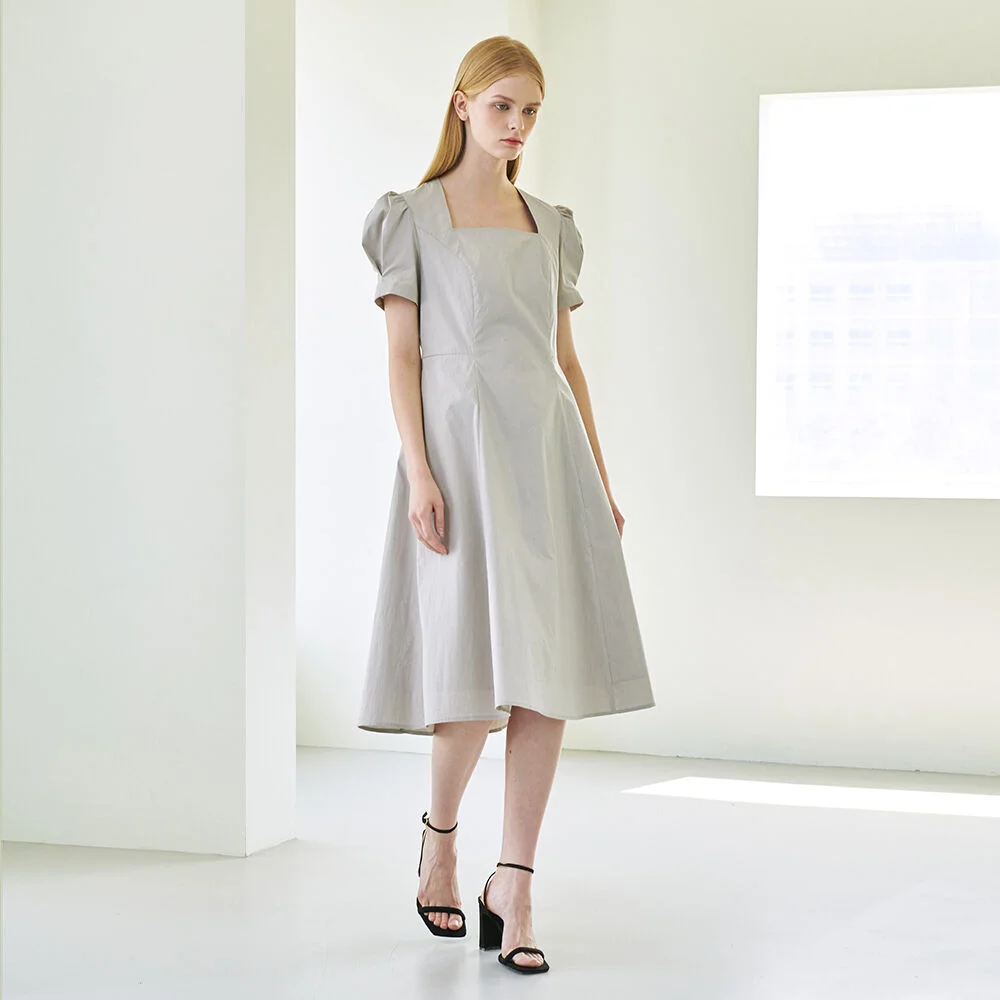 Square Neck Shirring Dress - Gray
