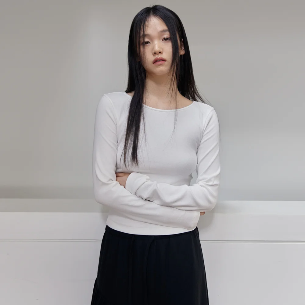 Ribbed Boat-neck Slim T-Shirts (White)