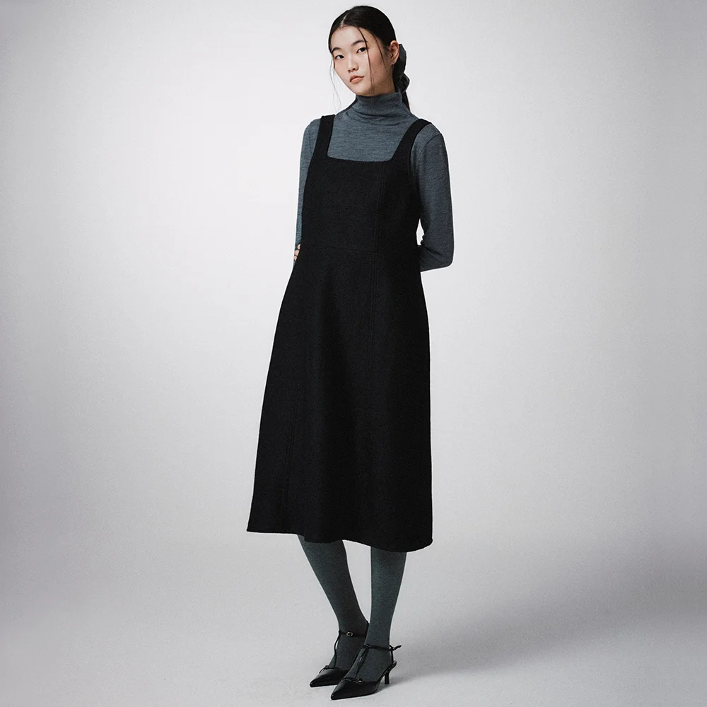 Snap Wool Sleeveless Dress(Black)