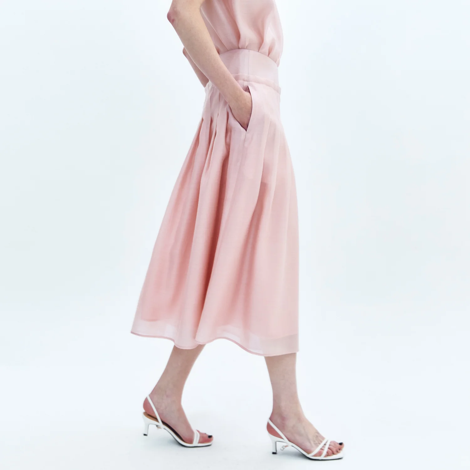 Sheer Pleats Midi Skirt PINK