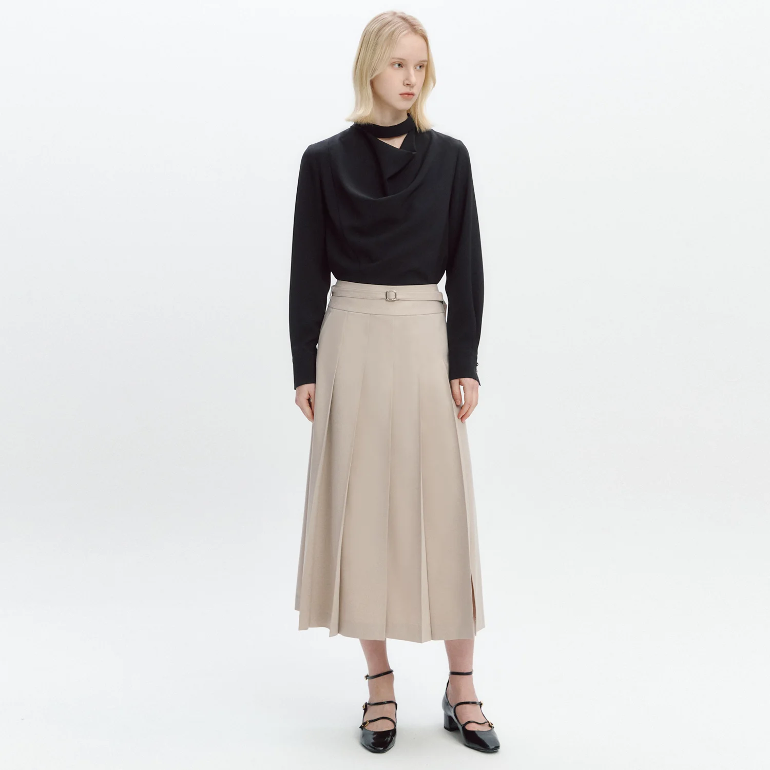 Fabric Belted Pleats Skirt BEIGE
