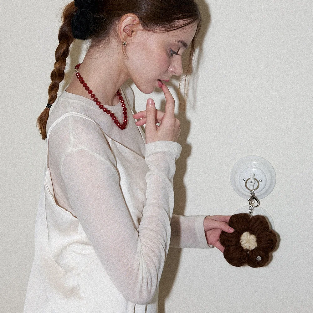 Wool 100% Handmade Crochet Big Flower Keyring _ Brown