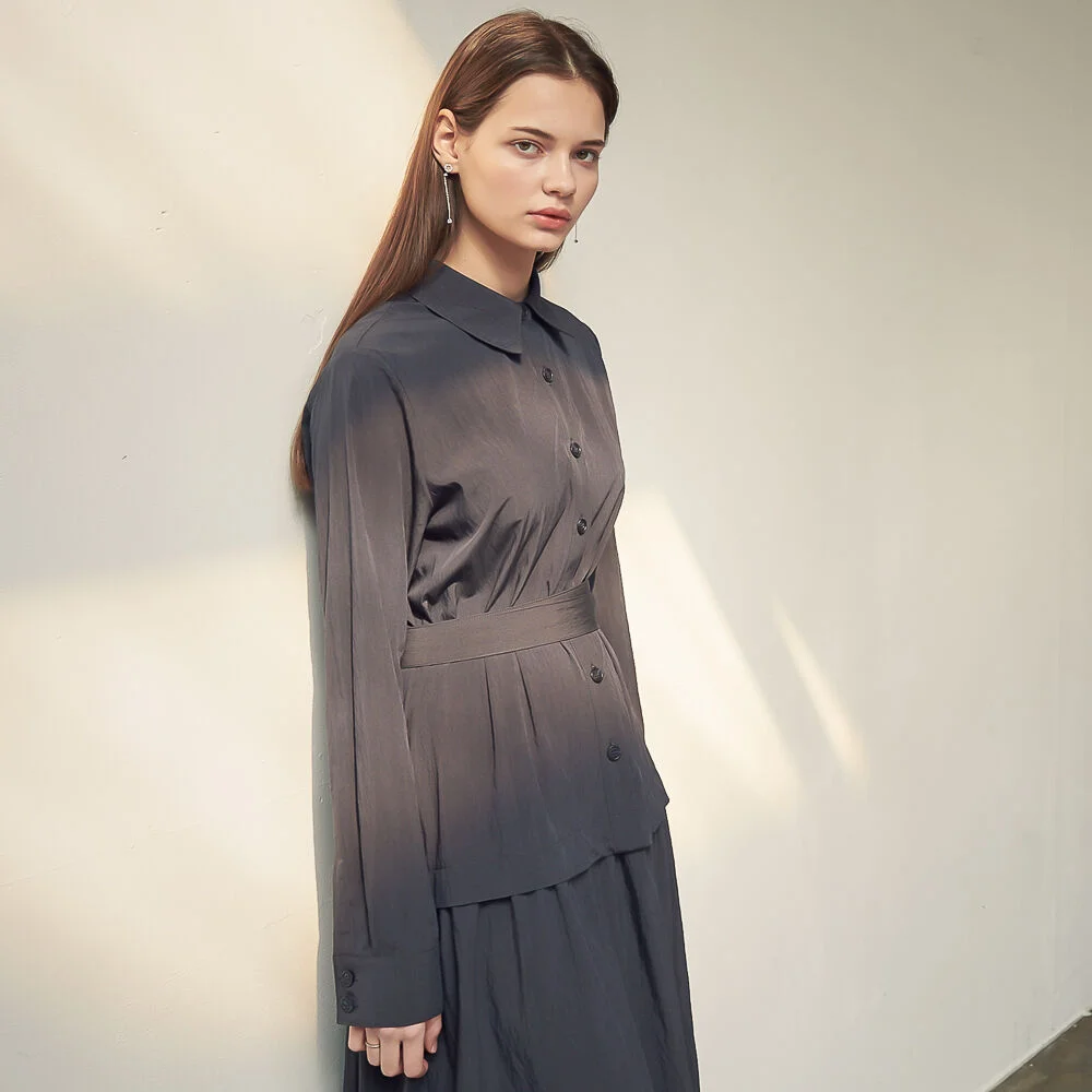 Gaia Shirring Shirt One-Piece_Navy