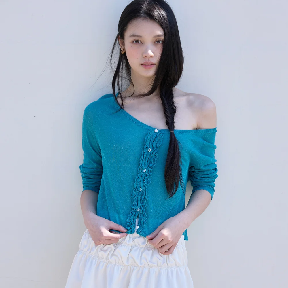 Ruffled Off Shoulder Cardigan Teal blue