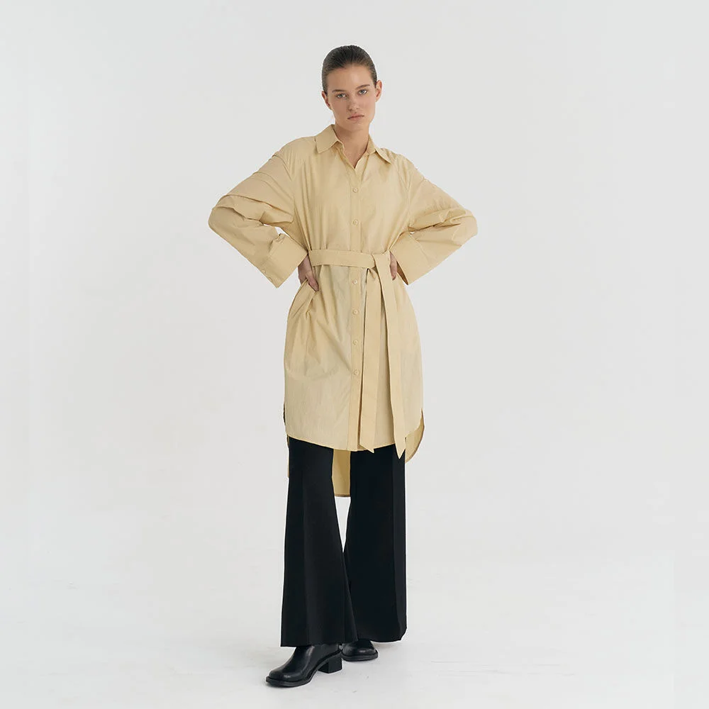 Nylon-blend Oversize Belt Shirt Dress (Light Yellow)