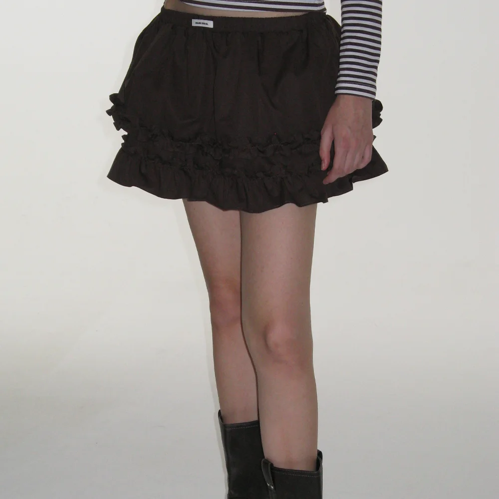 FRILL LAYERED MINI SKIRT_BROWN