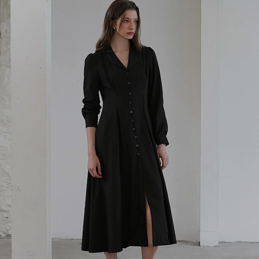 Classic Open Collar Long Dress