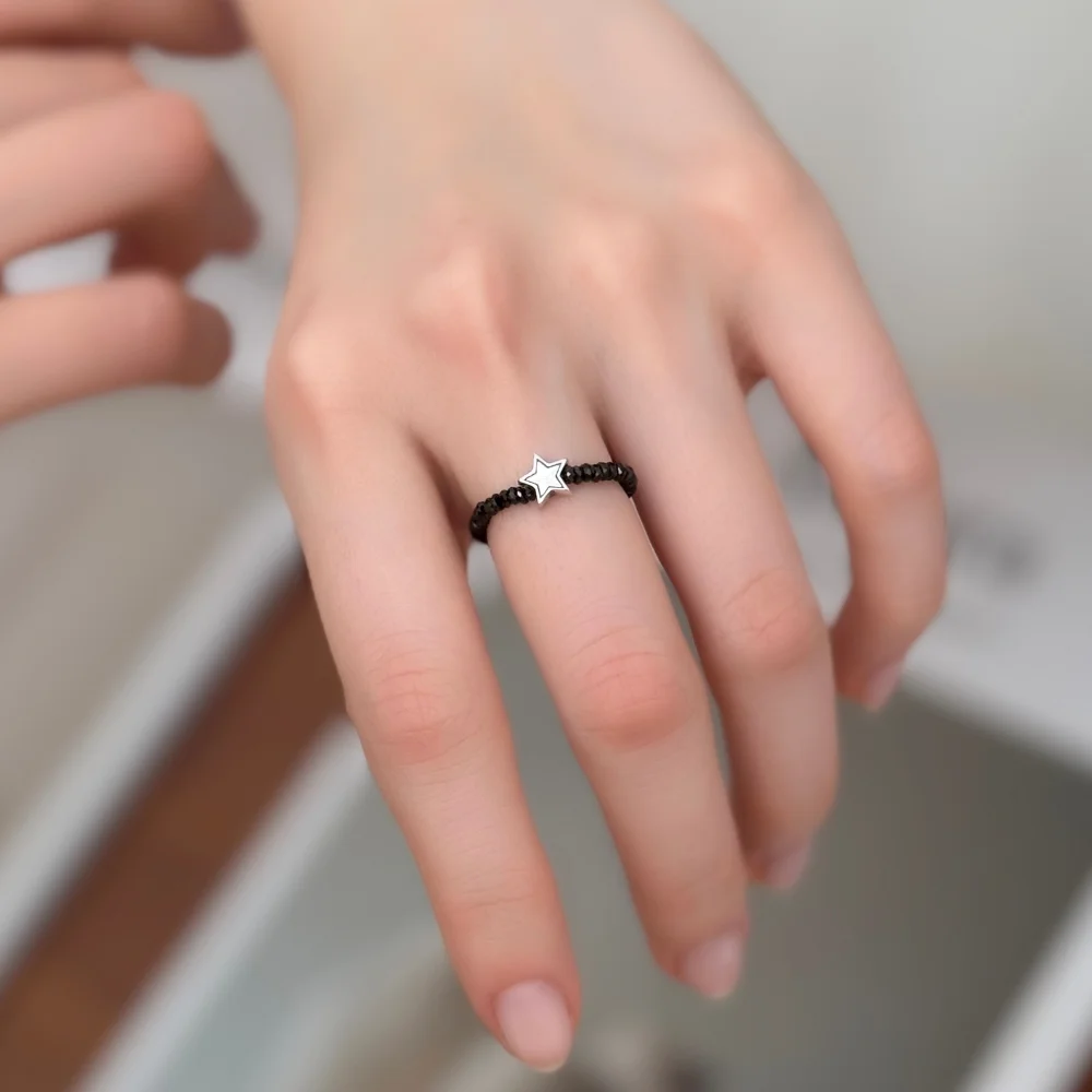 Black spinel star charm beads Ring 925銀色 星星 吊飾 天然寶石 黑尖晶石 串珠 戒指