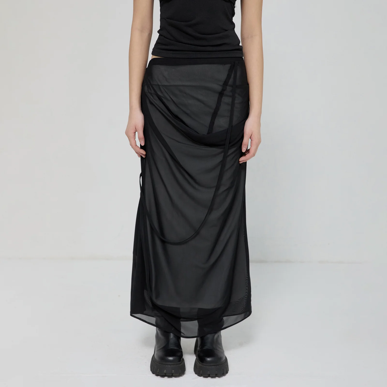 Draped Mesh Layered Long Skirt (FL-264_Black)