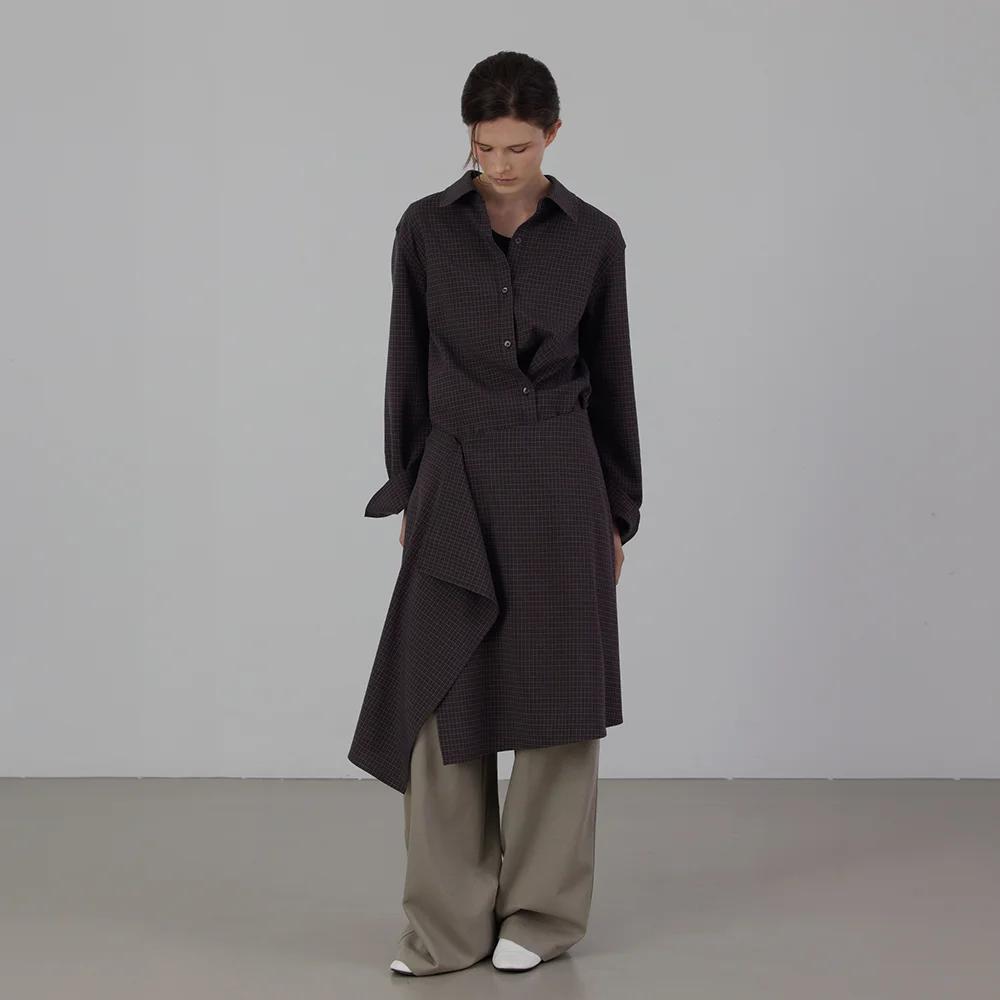 Check Asymmetric Layered Wrap Shirt Set-up