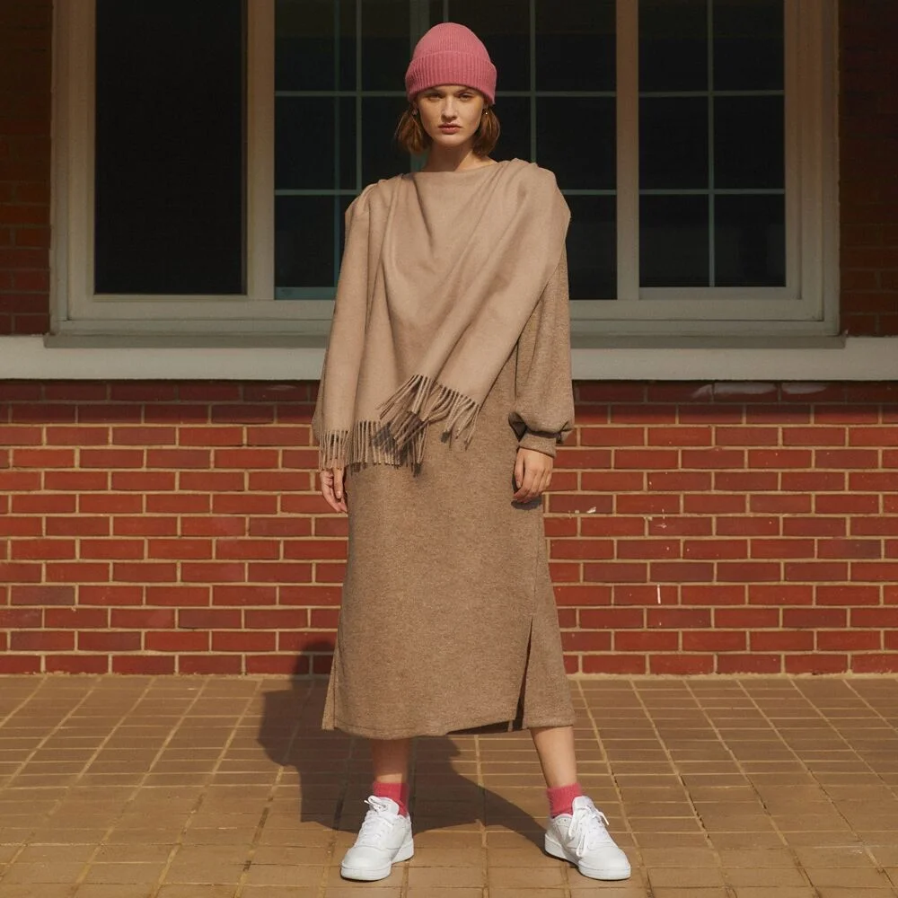 CAPE SCARF LAYERED KNIT DRESS_GRAY