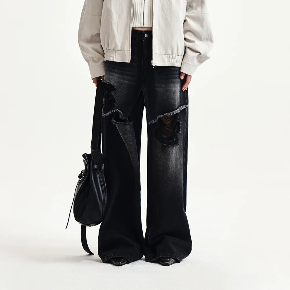 FRONT LAYERED DISTRESSED DENIM PANTS IN BLACK