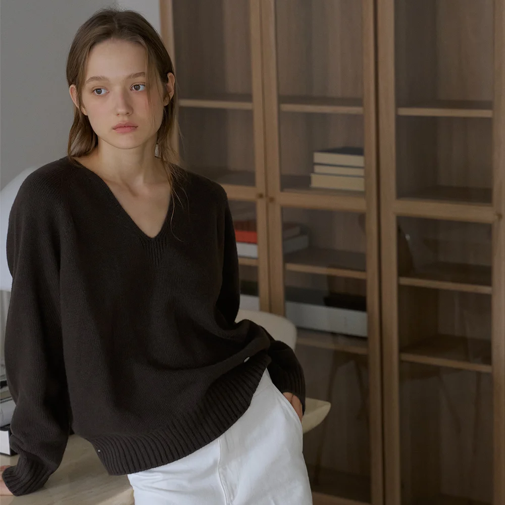 CASH MERINO WOOL V-NECK KNIT_DARK BROWN