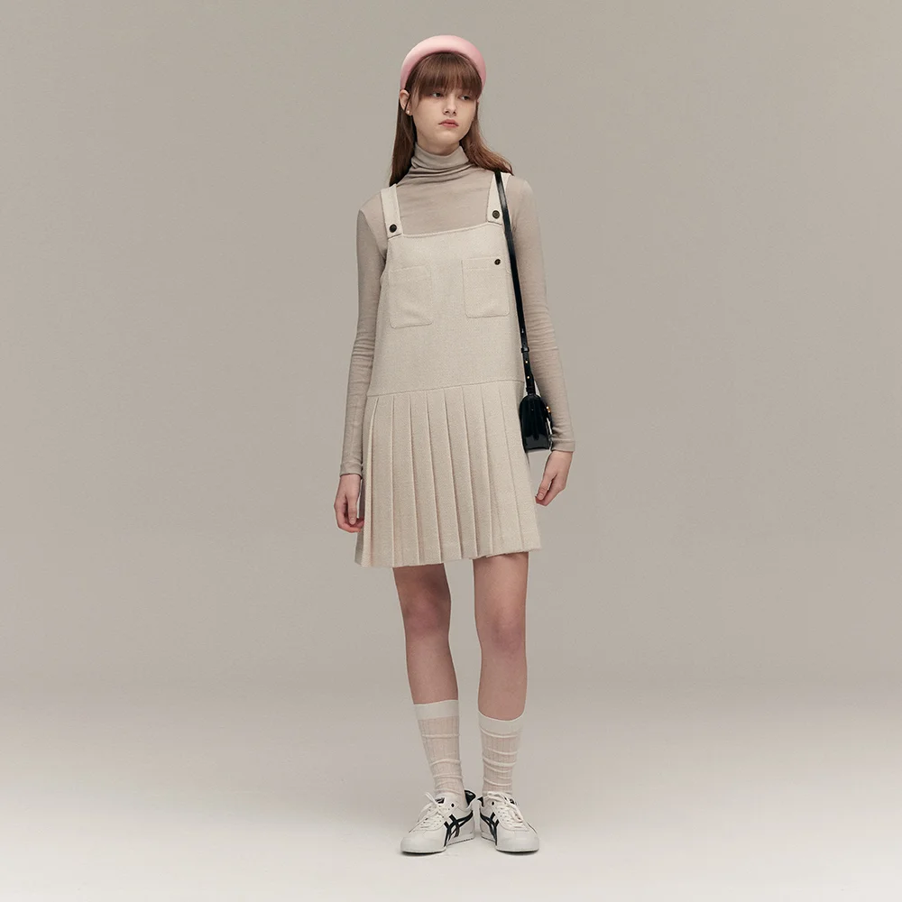 WOOL PLEATS MIDI DRESS (oat ivory)