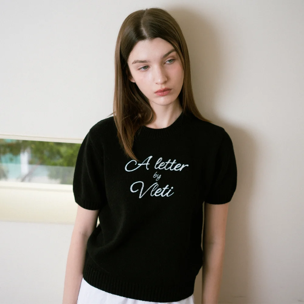 Lettering Cotton Round Half Knit (black)