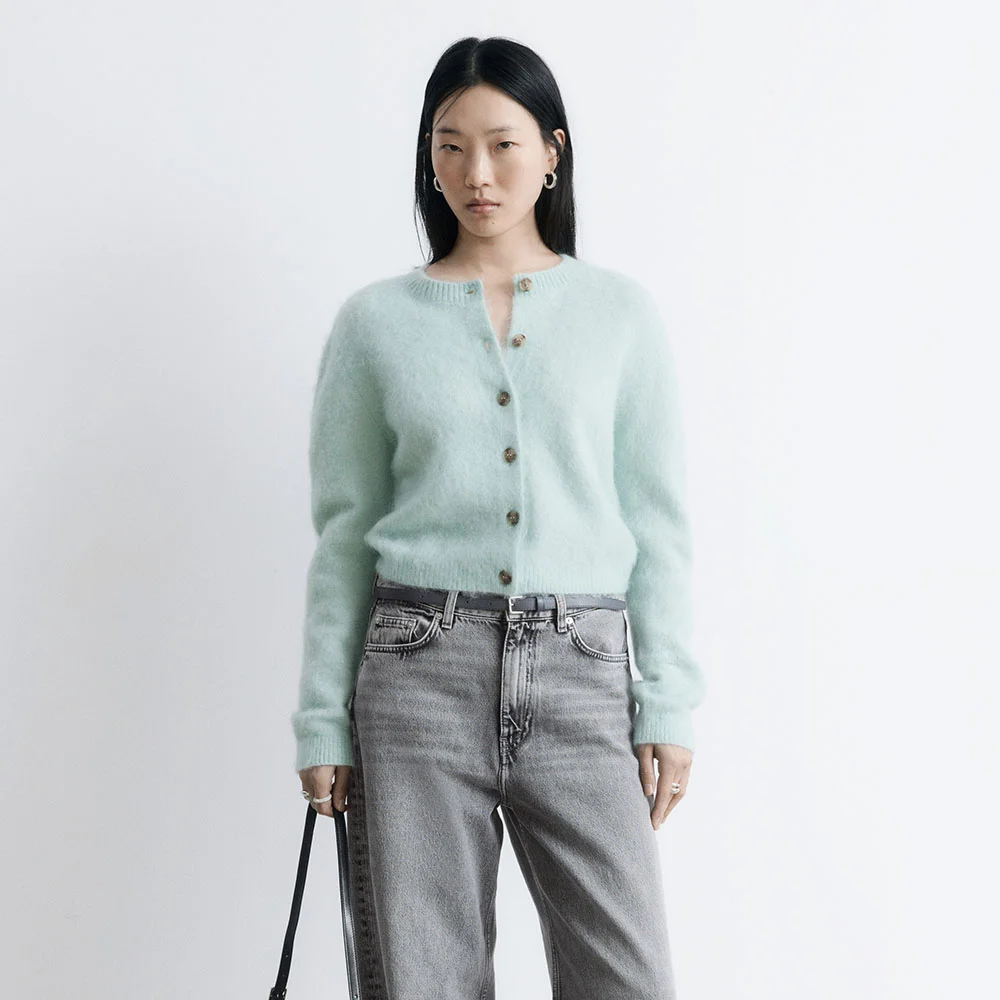馬海毛 混紡 磨毛 開襟外套(Light Turquoise)