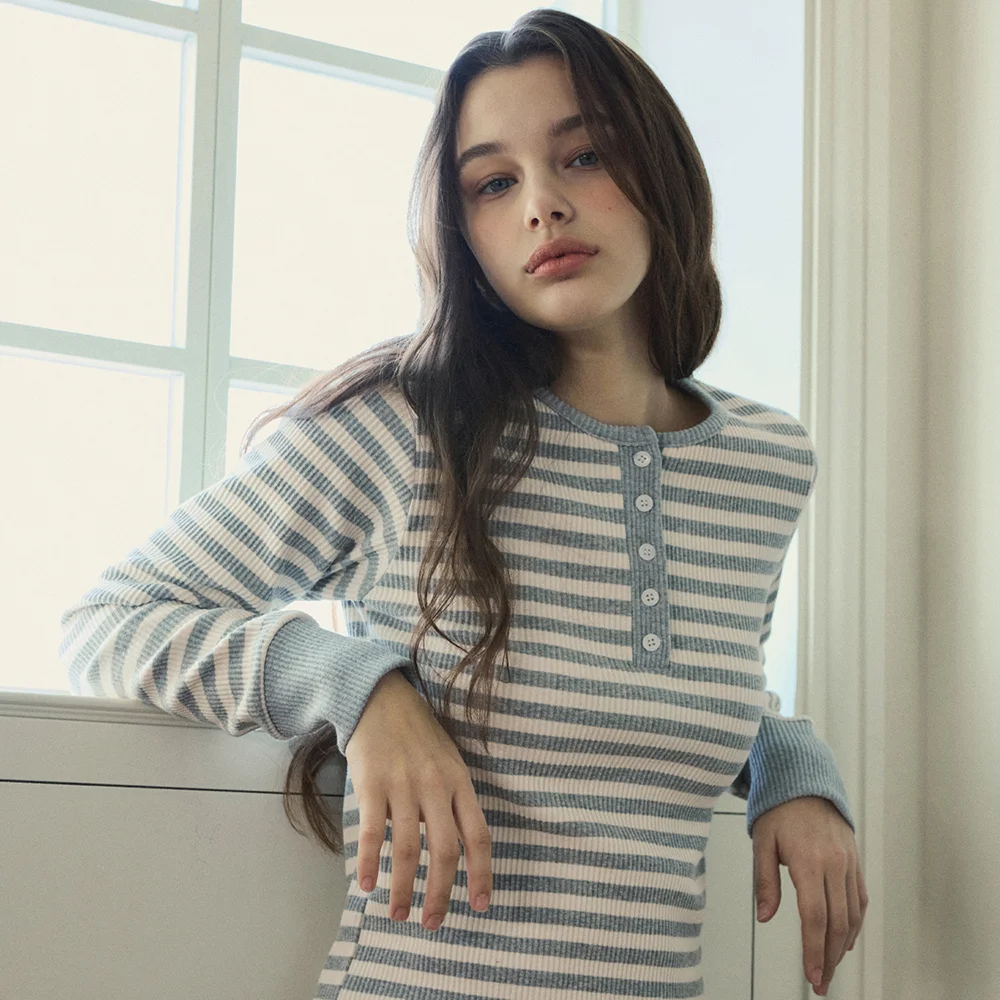 W/Stripe Ribbed Long Sleeve T-shirt_3Color(W25-TP14)