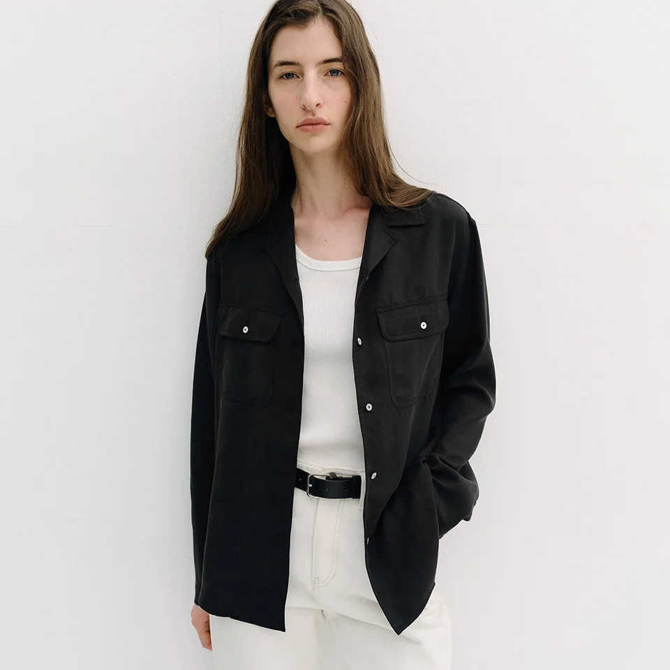 open collar tencel shirt (black)