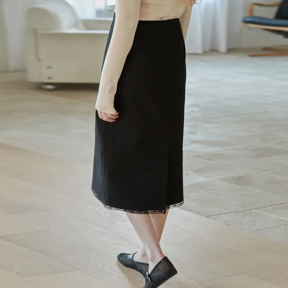Pintuck lace H-line skirt - Black