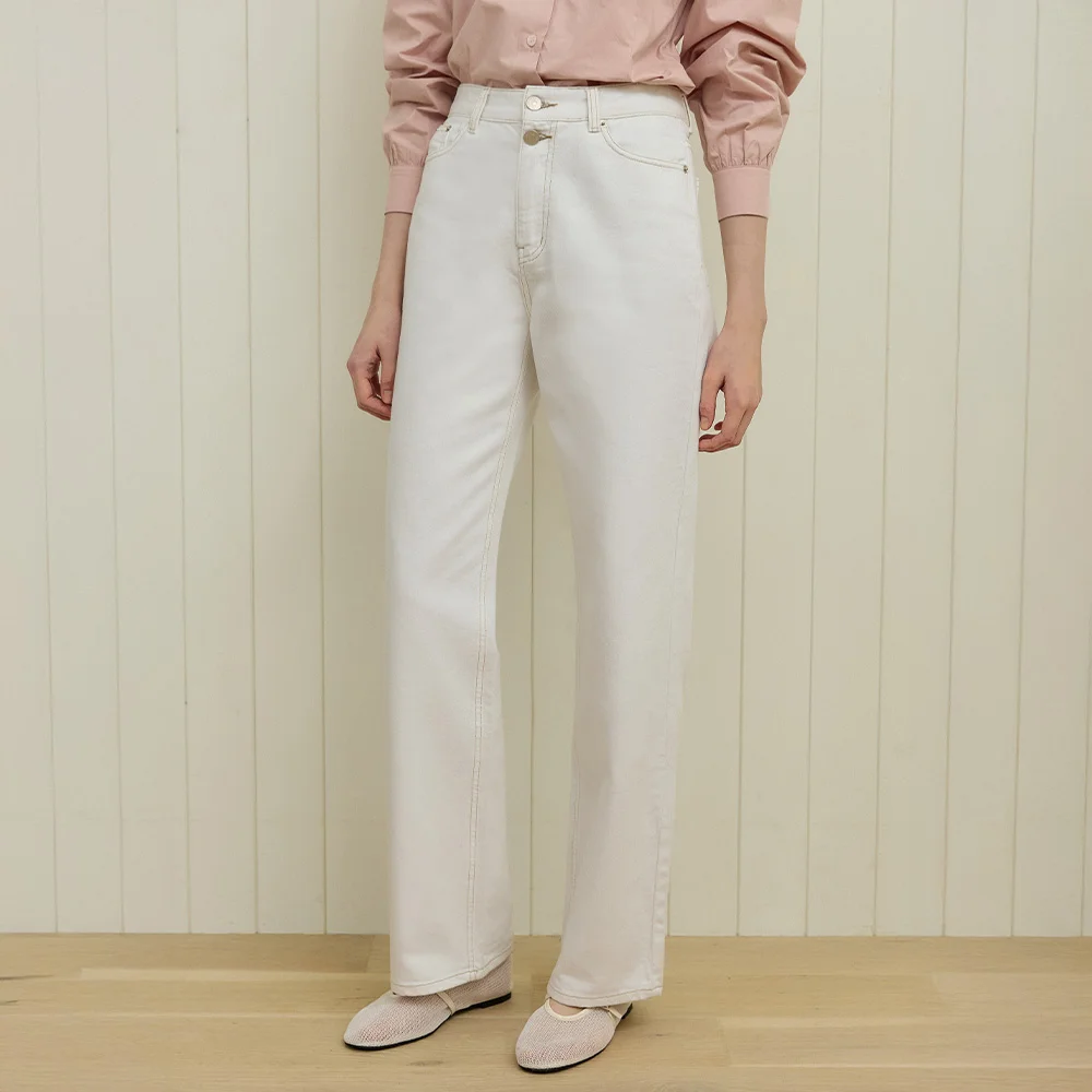 Button Detail Straight Jean - White