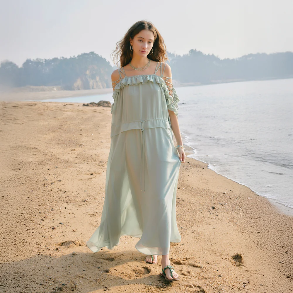 Off-shoulder chiffon dress_Seafoam Green