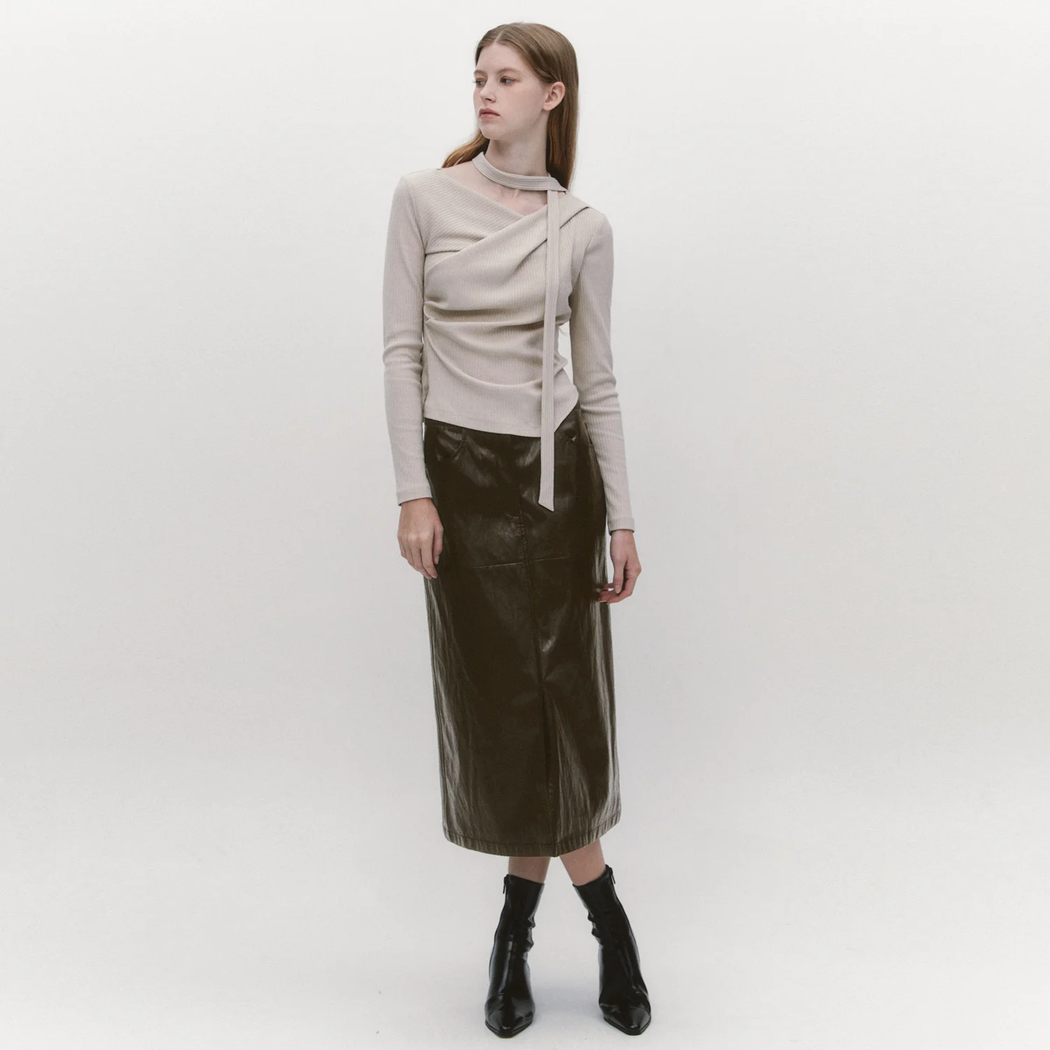 Slit Front Faux Leather Skirt BROWN