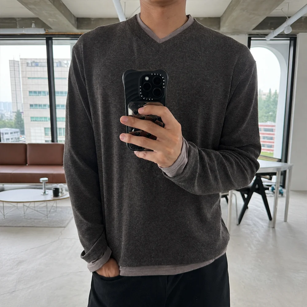 層次 V領 長袖 啡色/米色