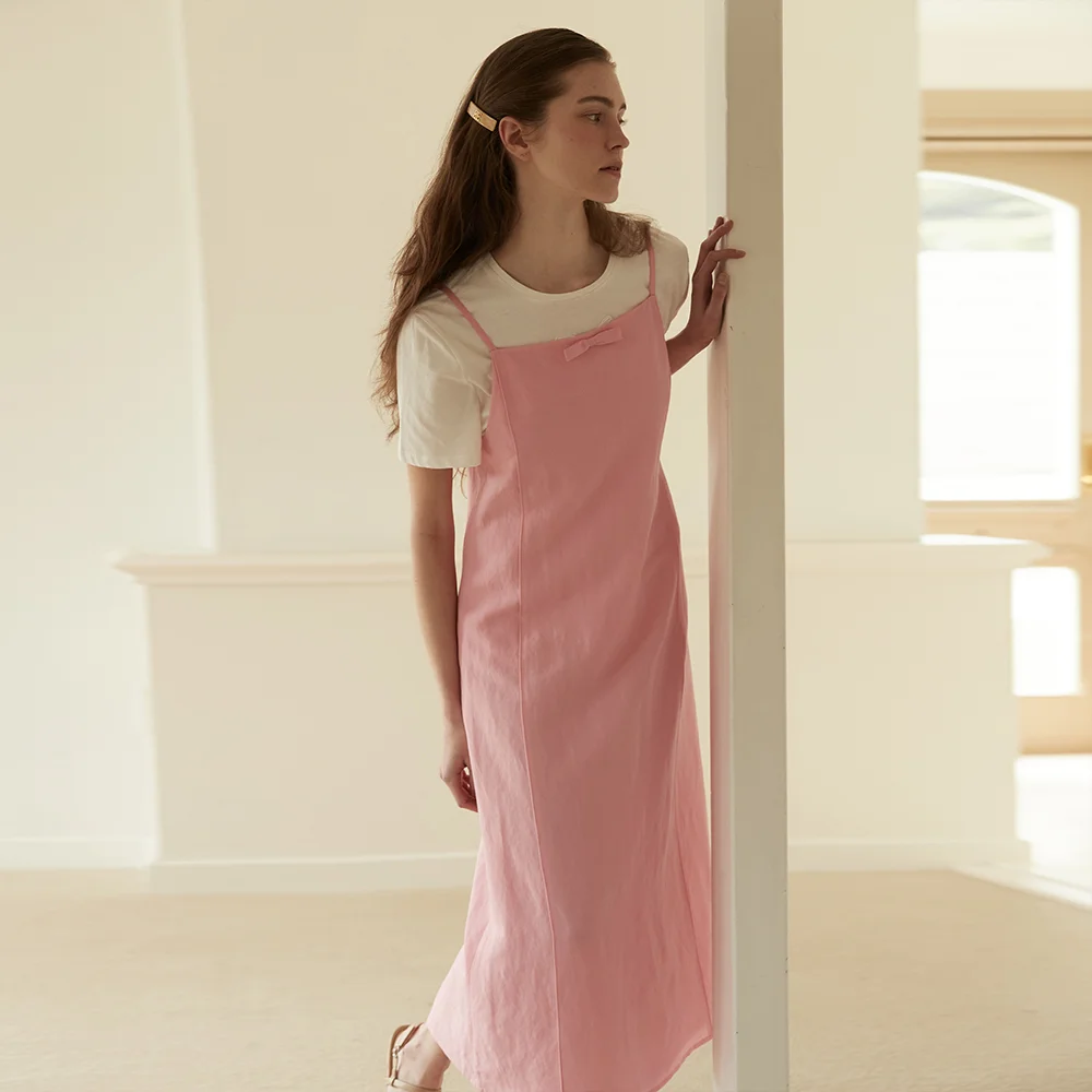 Ribbon point linen dress - Pink
