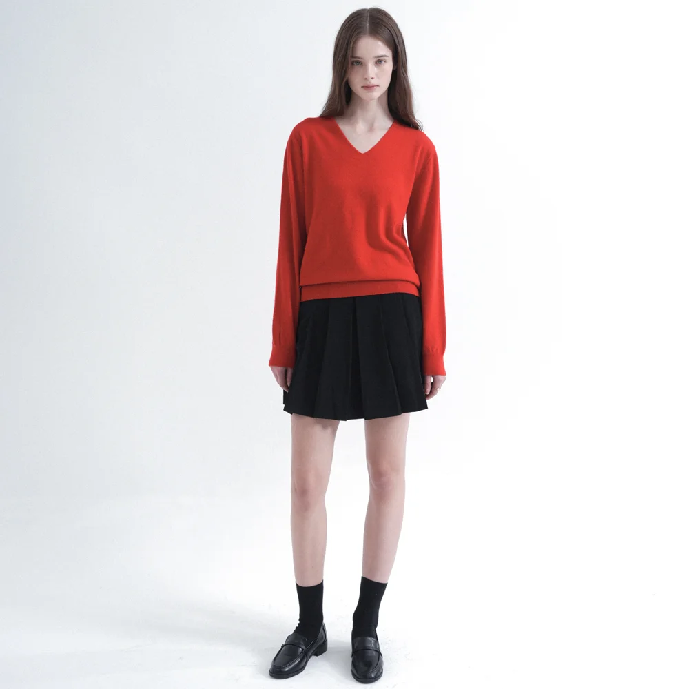 Merino Wool 100% V-Neck Basic Knit (red)
