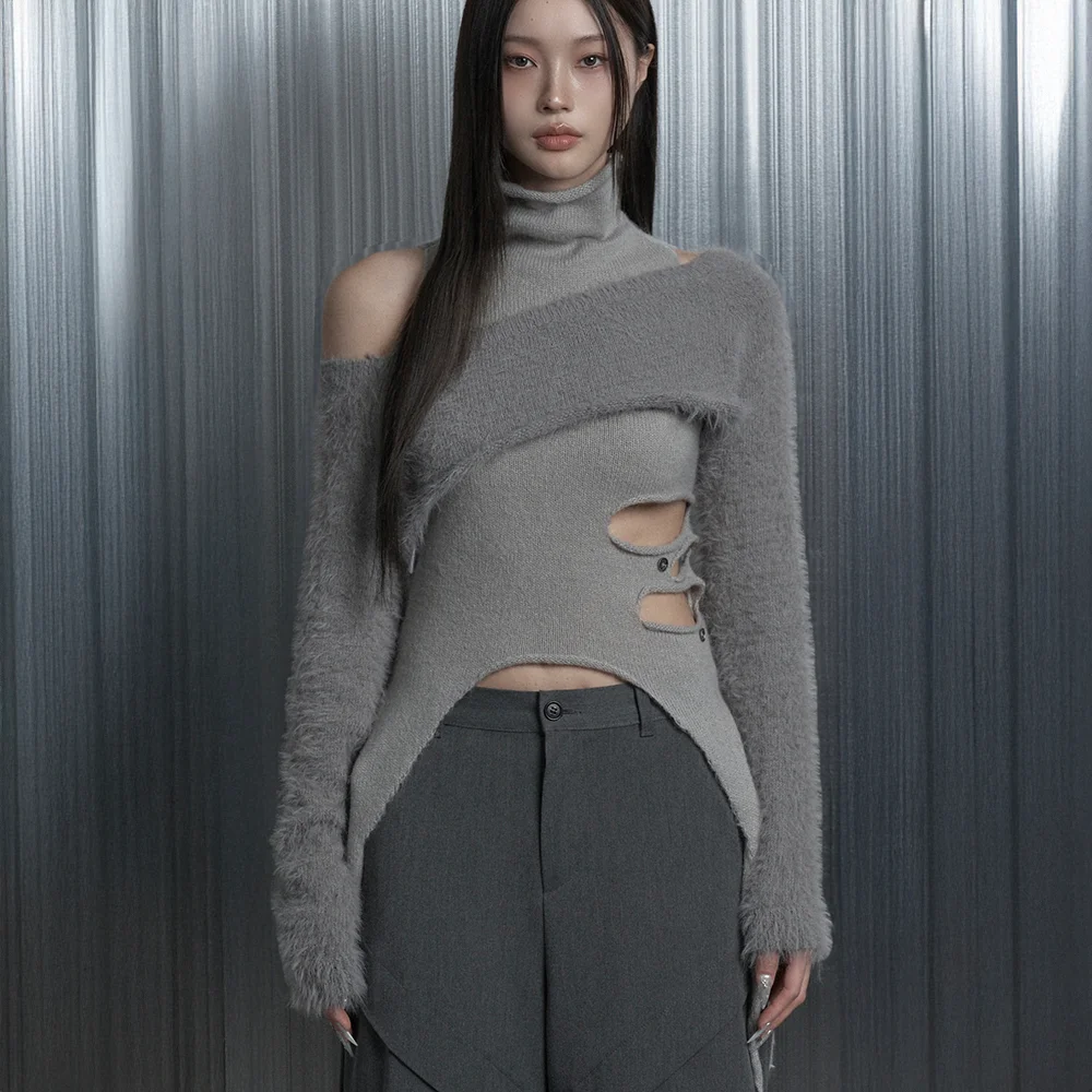 Cut-Out Halter Bolero Layered Knit Top Set (Gray)