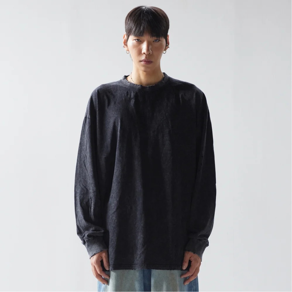 破損 沖孔 Pigment 長袖T恤 (炭灰色)