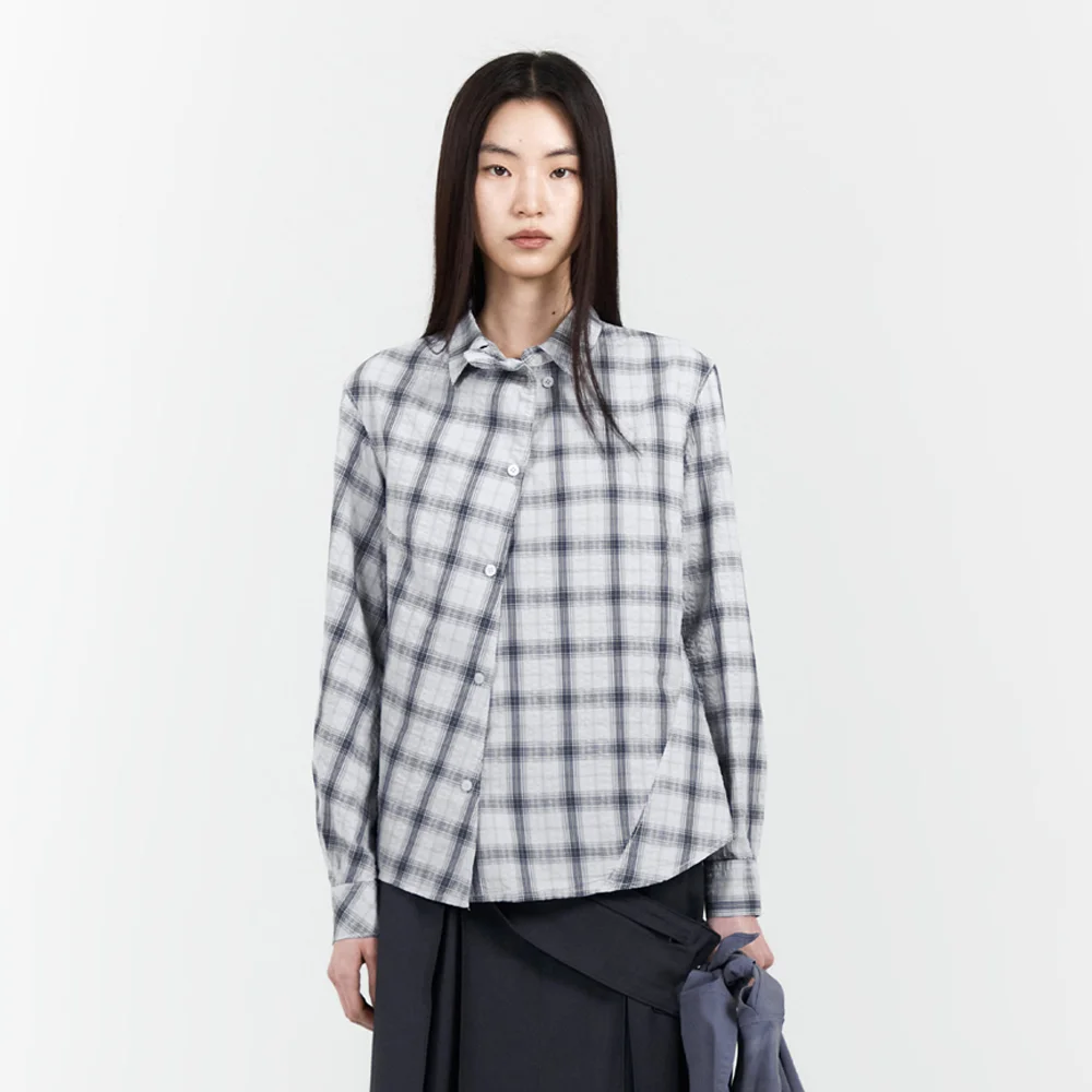 WOMENS GARMENT DYED CURVED CHECK SHIRT LIGHT GREY