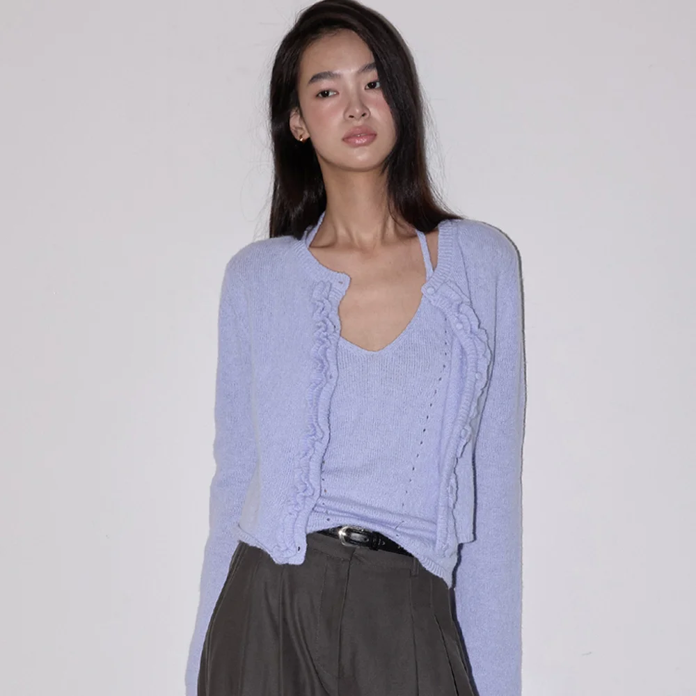 RUFFLE WOOL KNIT CARDIGAN SET LAVENDER BLUE