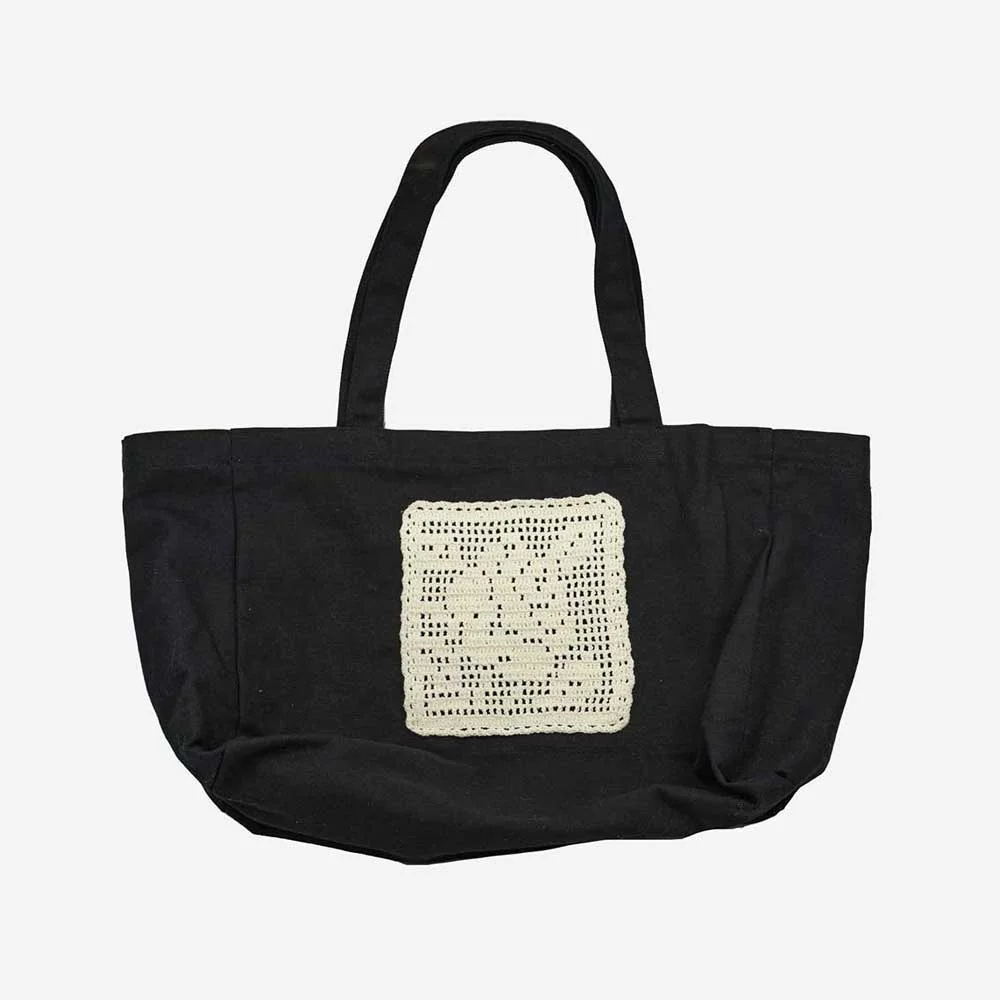 Flower Doily Big Canvas Shopper Bag _ Black (花卉 蕾絲墊 方格編織 手工製 鉤織 大 帆布 購物袋)