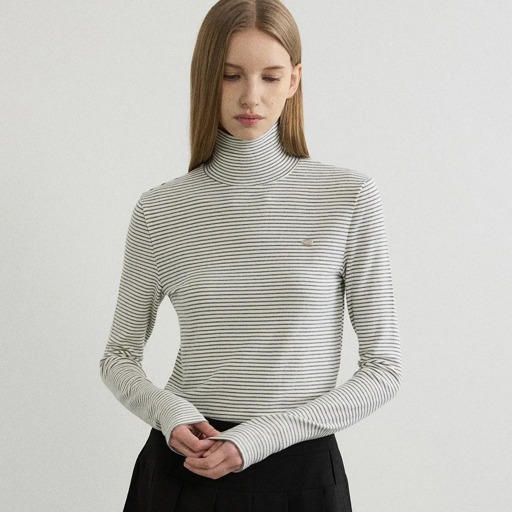 Soft Angora Stripe Turtleneck T-shirt - Ivory