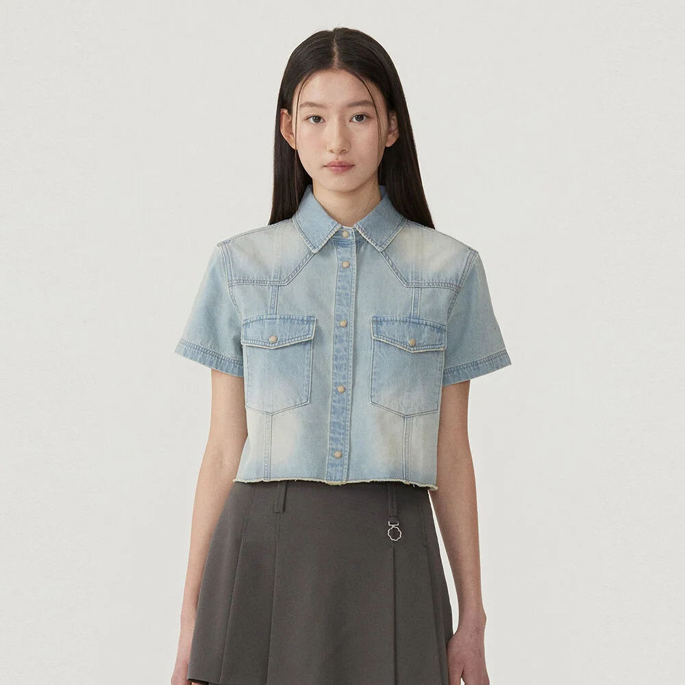 女裝 口袋 牛仔 半 襯衫 Light Blue