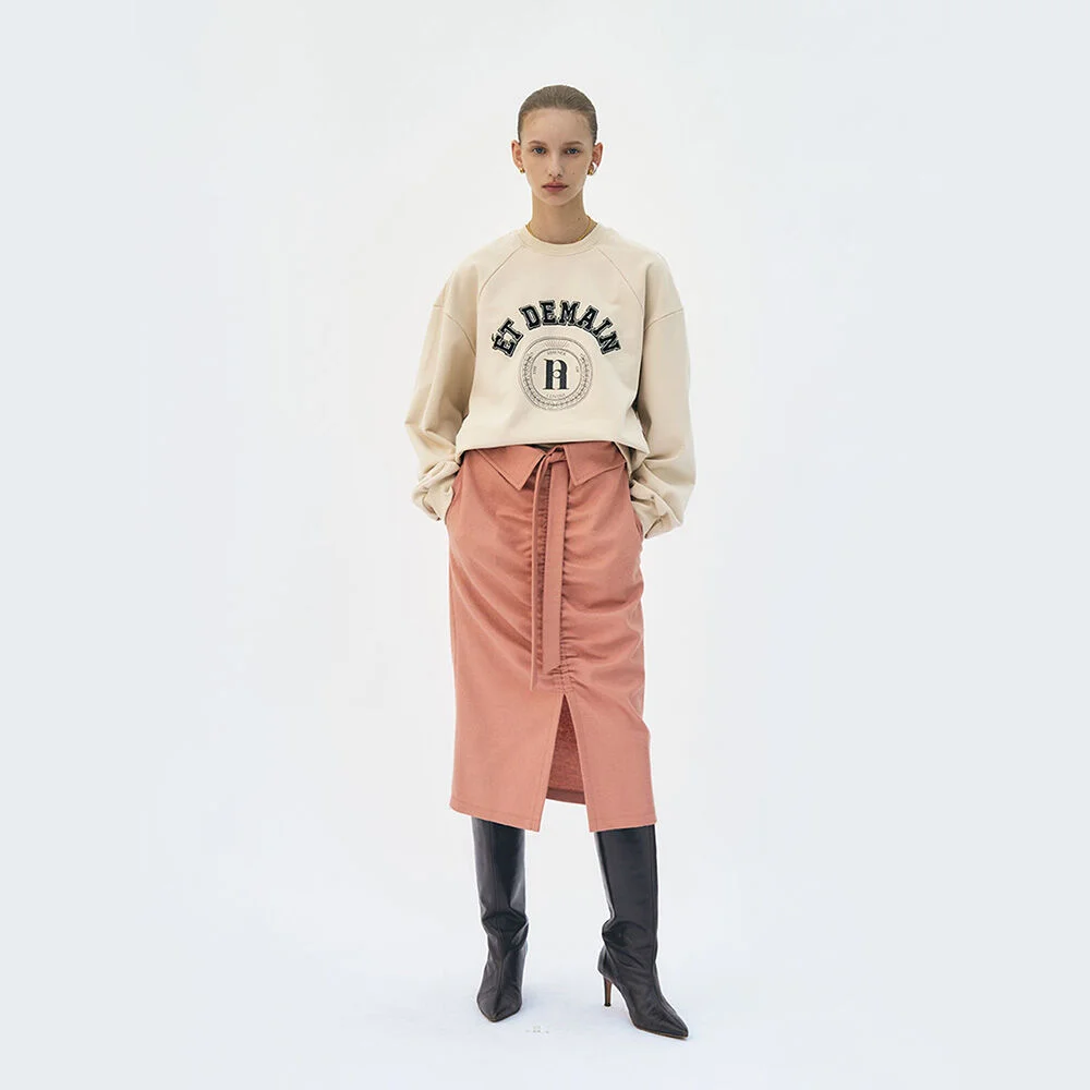 High-rise wool-blend banding midi skirt (Pink)