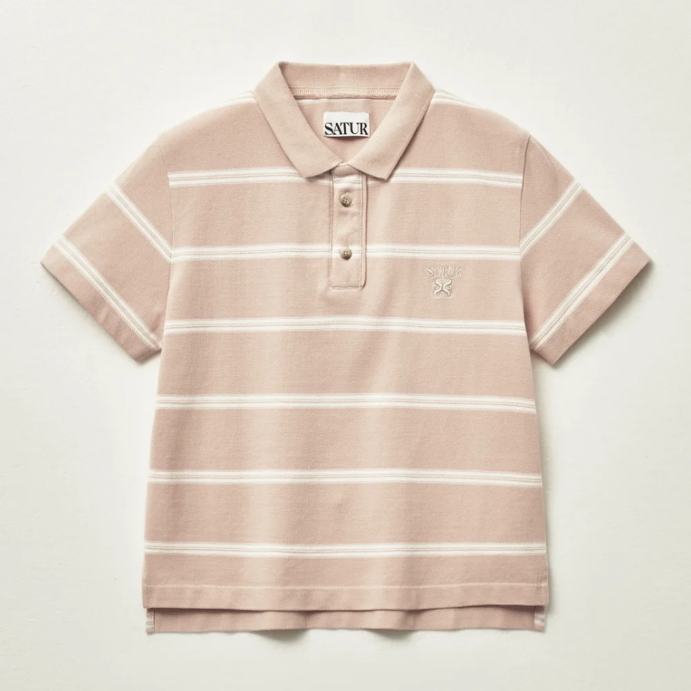 (W) 條紋 珠地 Polo 短袖 T恤 淺 粉色