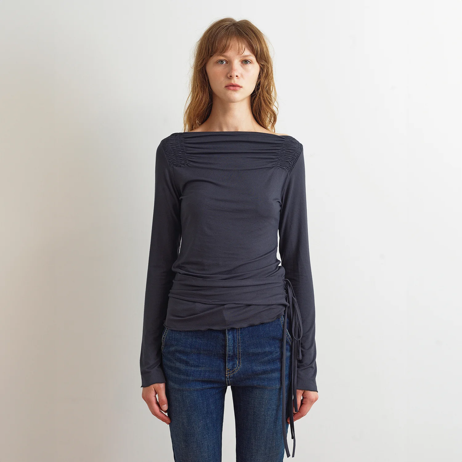 BOAT NECK TWO WAY STRAP TOP - CHARCOAL