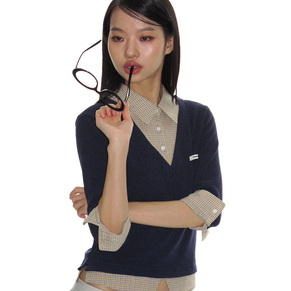 KNIT LAYERED CHECK SHIRT_NAVY