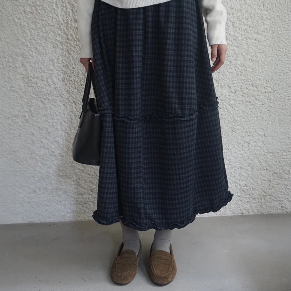 (woman) 格紋 荷葉邊 長 半身裙_Navy
