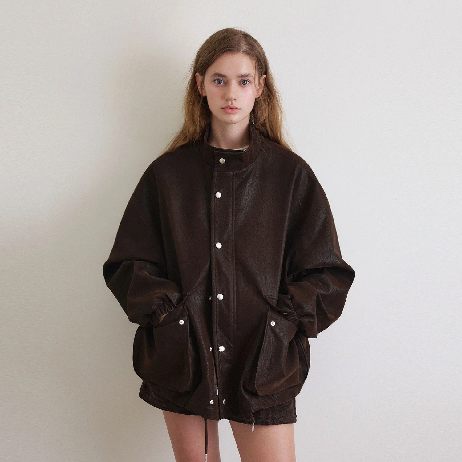 寬鬆版型 野外 短 皮革 外套_Subtle Brown